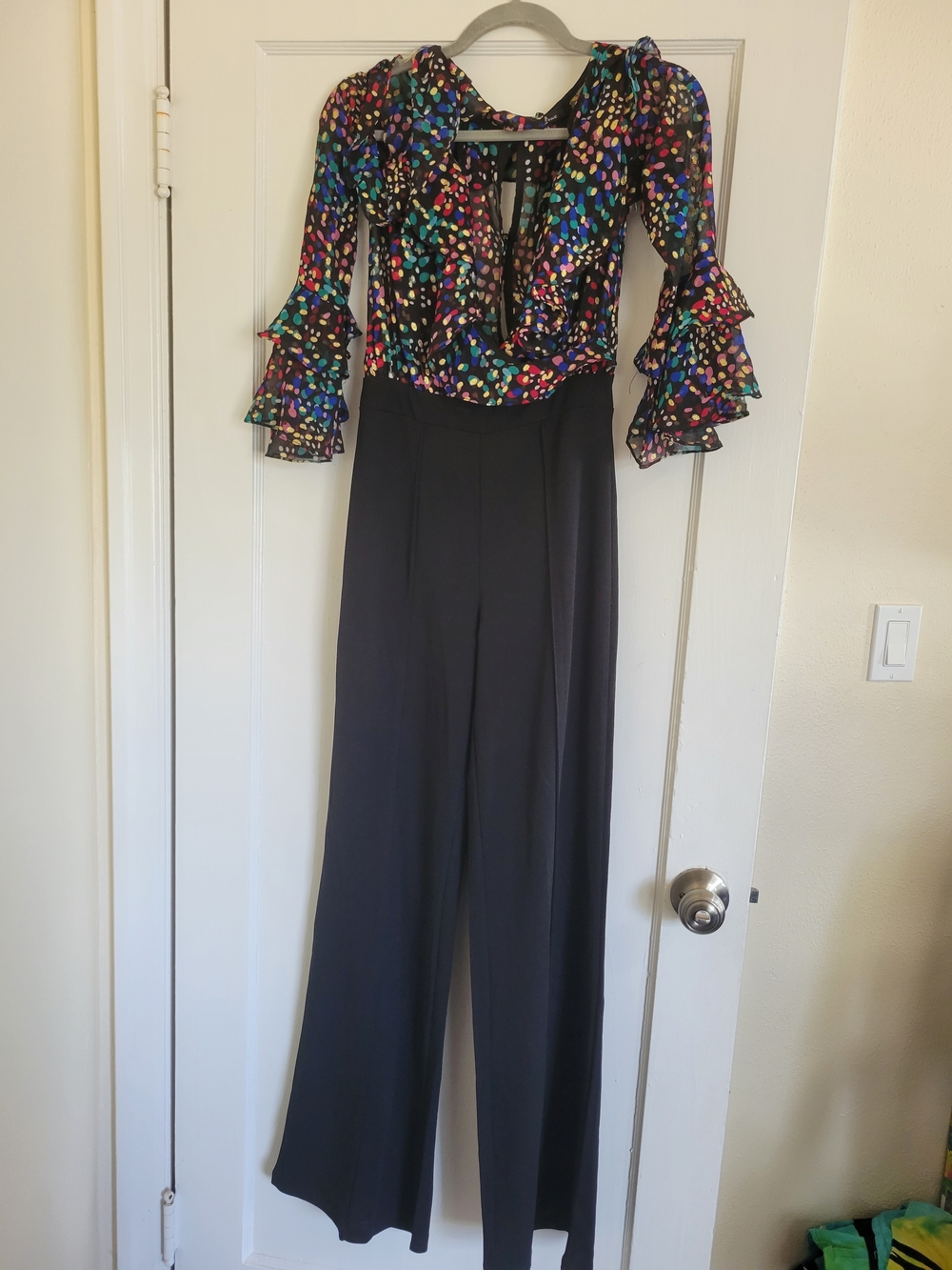 Valentine Black Wide-Leg Jumpsuit with Multicolor Ruffled Top